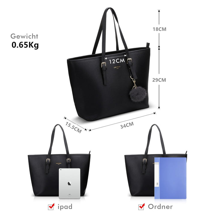 Handtasche Damen Shopper PU-Leder Schwarz mit Haarball 34x29x15 cm - Bild 5