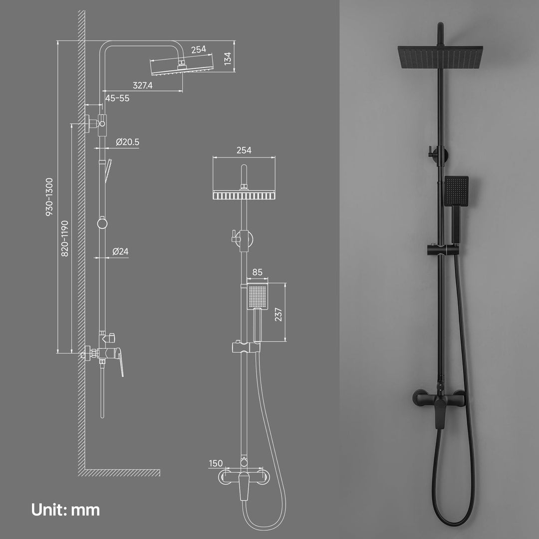 Duschsystem Schwarz Regendusche 25x25cm höhenverstellbar mit Handbrause - Bild 9