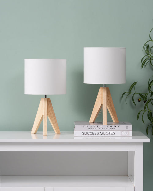 Tischlampe Holz mit Leinenschirm 36 cm Weiss 2er-Set E27