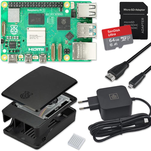 Raspberry Pi 5 Starter-Kit 8GB RAM mit Gehäuse, 45W Netzteil, 64GB SD