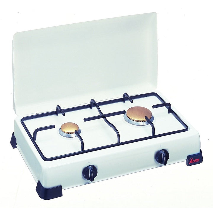 Gas-Campingkocher 2-flammig emailliert mit Deckel und Grillrost weiss