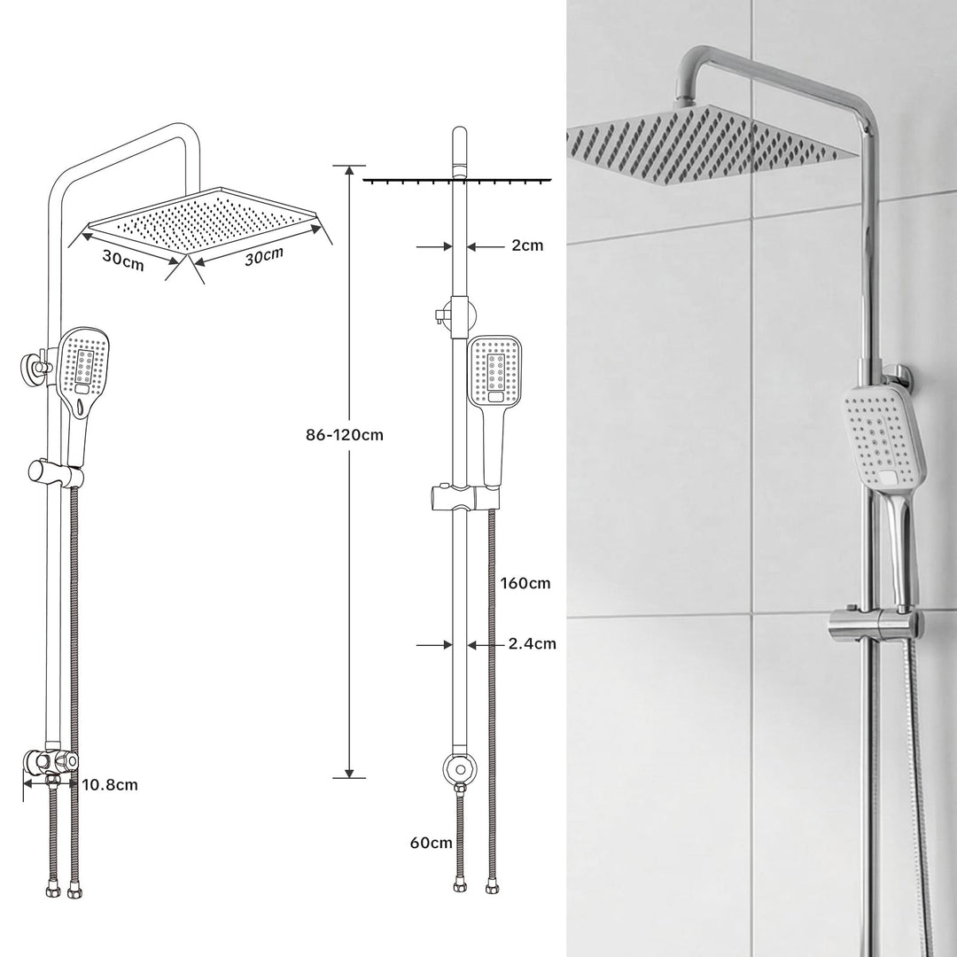 Regendusche Set Edelstahl Chrom 30x30cm eckig höhenverstellbar - Bild 6