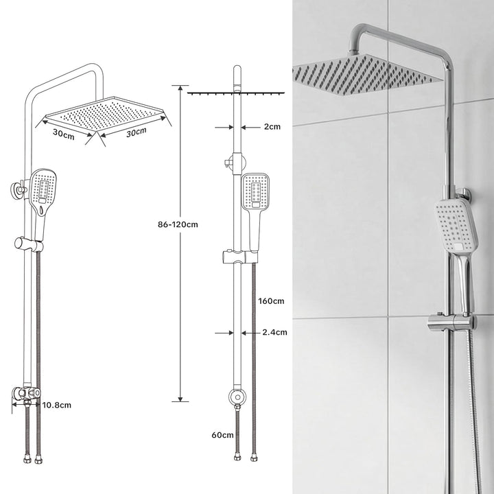 Regendusche Set Edelstahl Chrom 30x30cm eckig höhenverstellbar - Bild 6