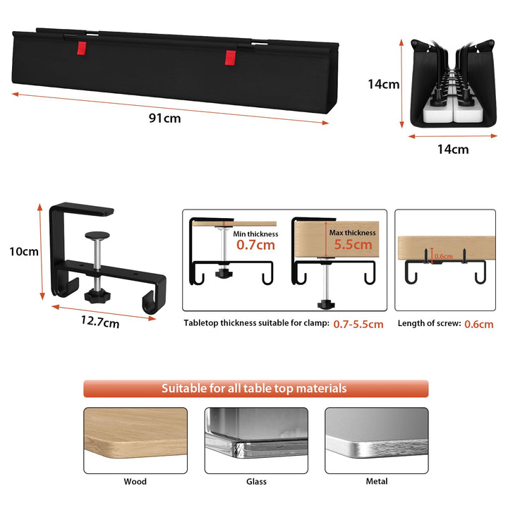 Kabelkanal Schreibtisch 90 cm Oxford-Stoff ohne Bohren, Schwarz - Bild 4