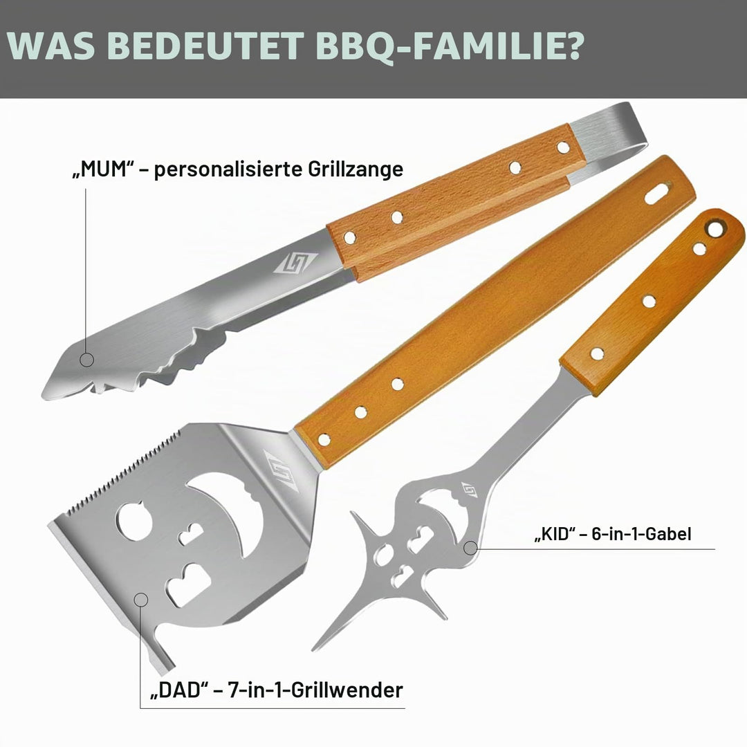 Grillbesteck-Set 3-teilig Edelstahl mit Holzgriff 14 Funktionen - Bild 2