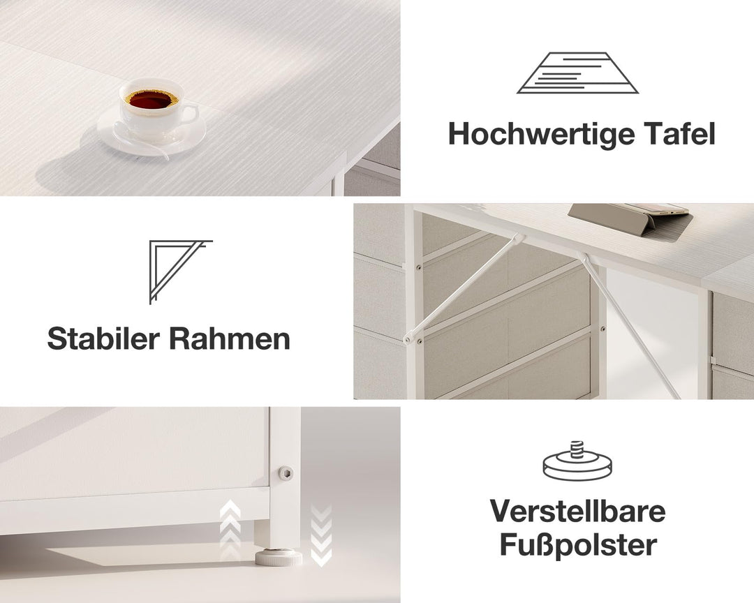 Schreibtisch mit 8 Stoffschubladen 120x48 cm Weiss
