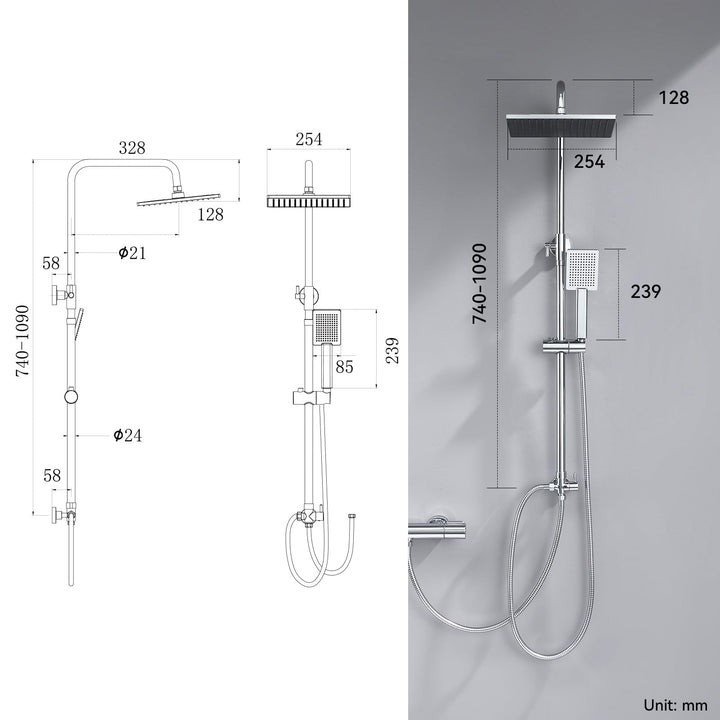 Regendusche ohne Armatur Edelstahl 25x25cm höhenverstellbar 74-109cm - Bild 7
