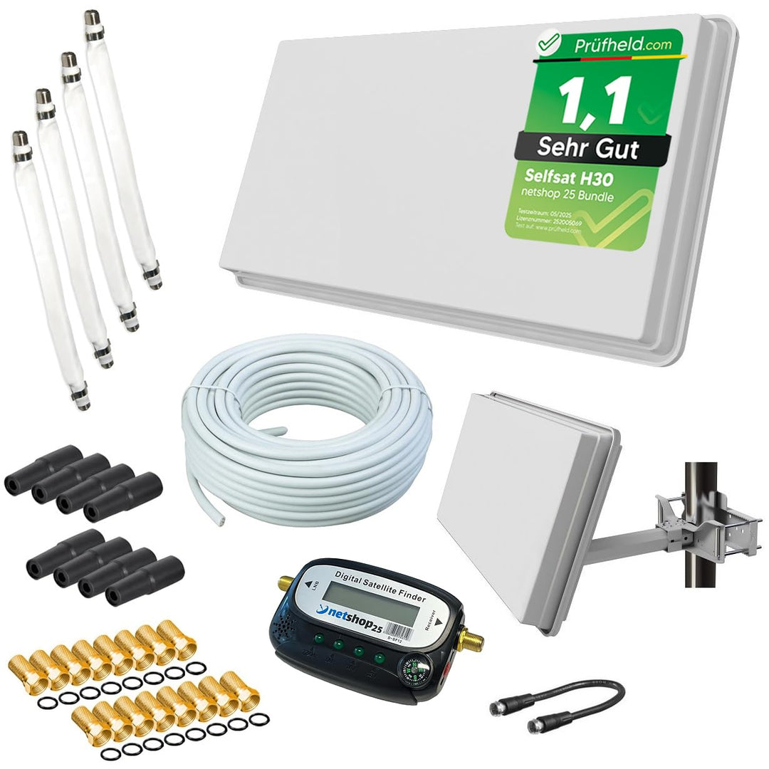 Sat Flachantenne Quad-LNB Komplett-Set für 4 TV mit 50m Kabel