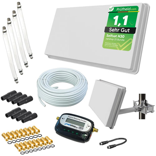 Sat Flachantenne Quad-LNB Komplett-Set für 4 TV mit 50m Kabel