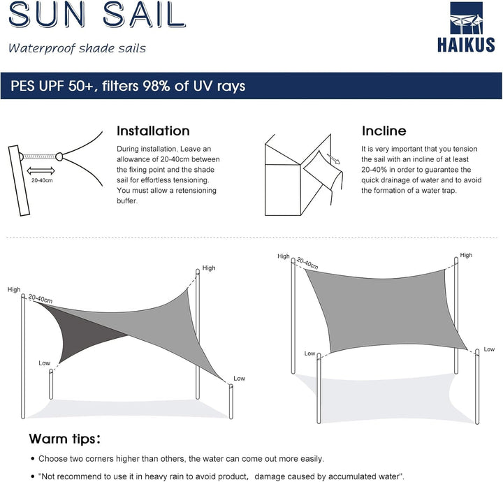Sonnensegel Wasserdicht Rechteckig 3x4m PES Polyester UPF 50+ Creme - Bild 8