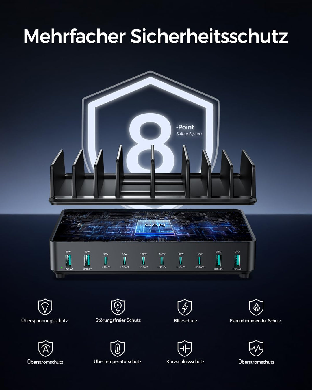 USB-C Ladestation 10-Port GaN PD 100W für Familien &amp; Büro - Bild 4