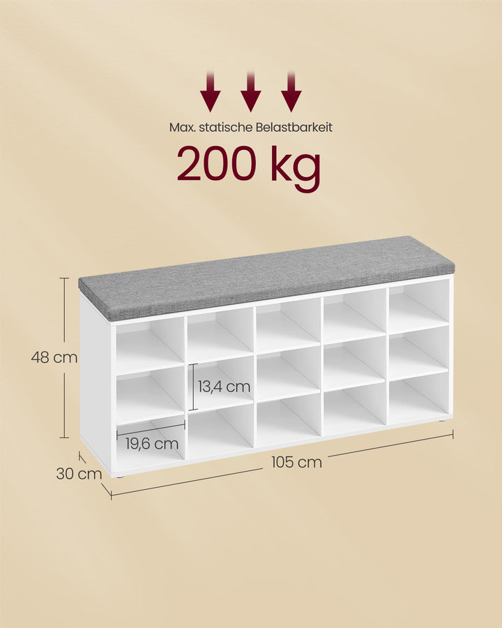 Schuhbank mit Sitzfläche 15 Fächer Spanplatte 105 cm breit - Bild 6