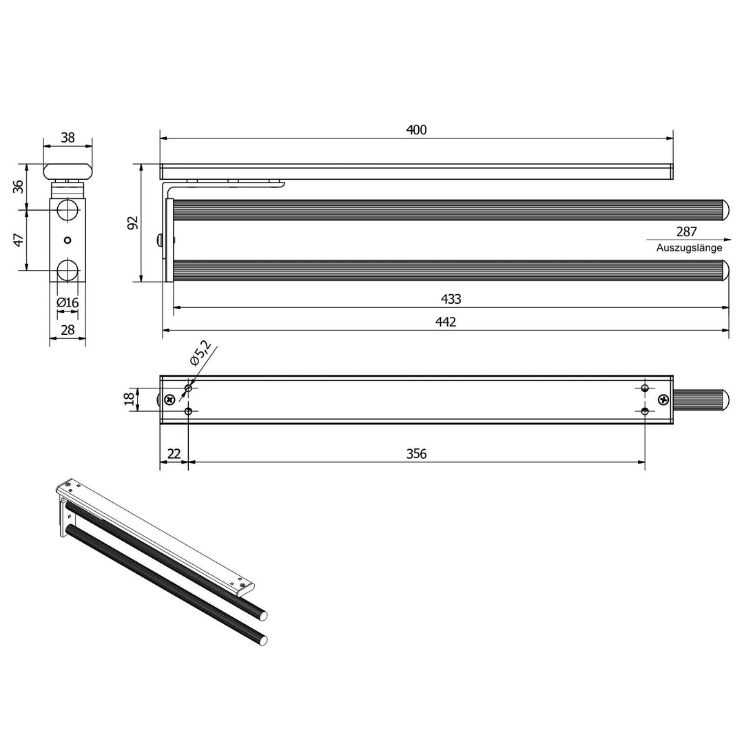 Handtuchhalter Aluminium ausziehbar 2-armig 450–730 mm 2er-Set - Bild 4