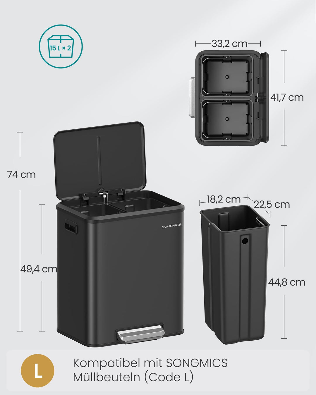 Mülleimer Küche Doppel-Trennsystem 2x15L Stahl mit Pedal - Bild 6
