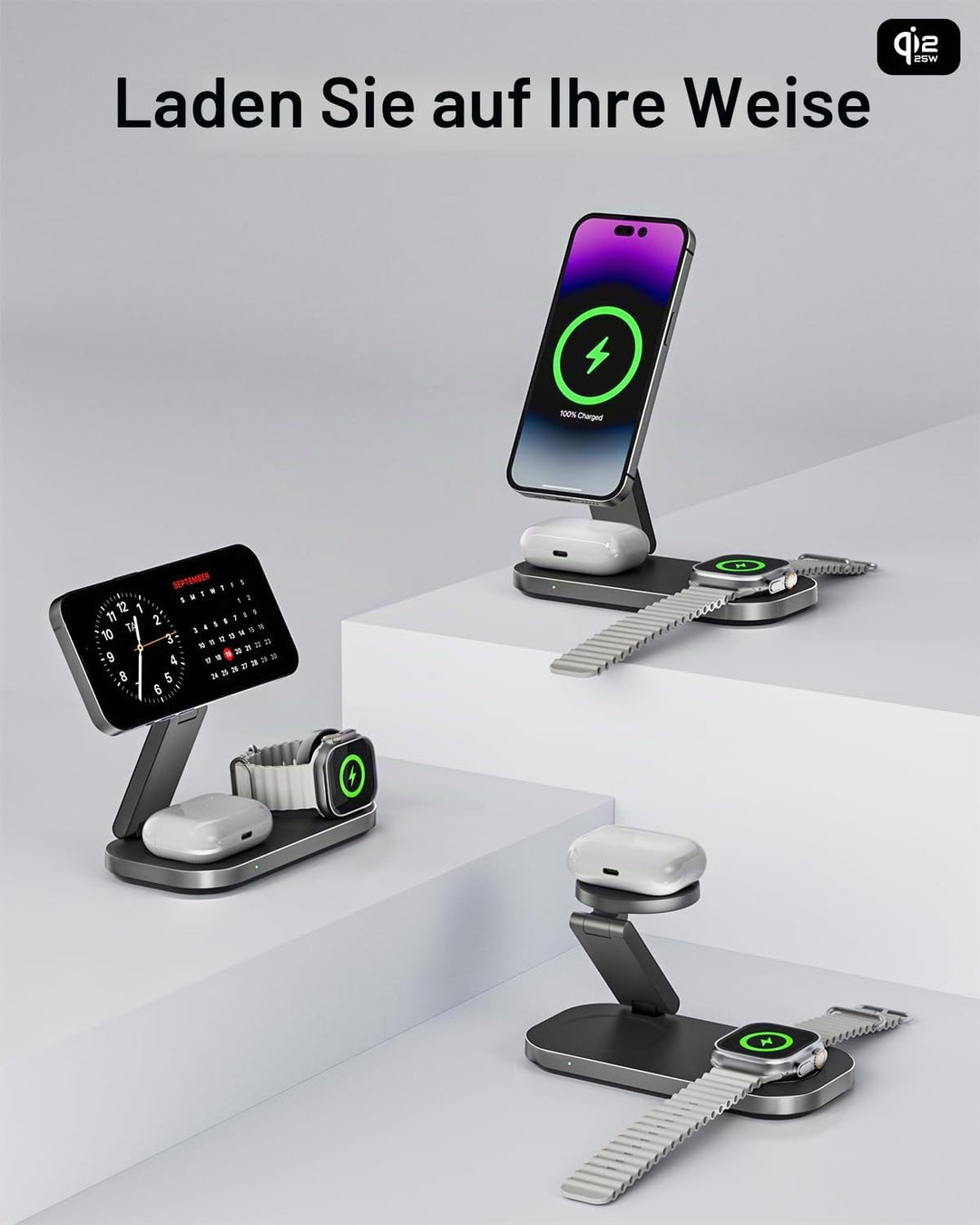 Kabellose Ladestation 3-in-1 Qi2 25W faltbar für iPhone &amp; Watch - Bild 7