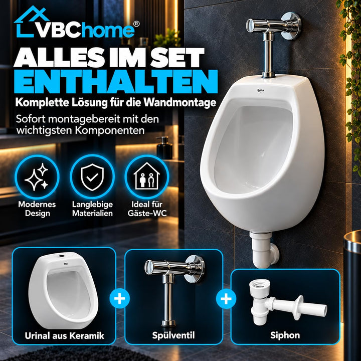 Wand-Urinal Keramik Mini mit Druckspüler und Siphon Weiß - Bild 7