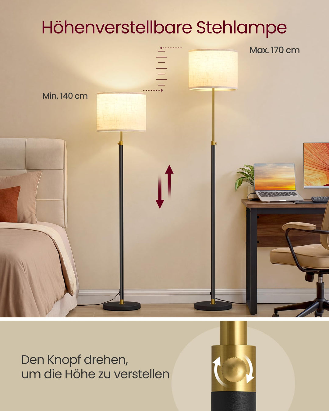 Stehlampe höhenverstellbar 140-170 cm Stoffschirm mit Fernbedienung - Bild 4