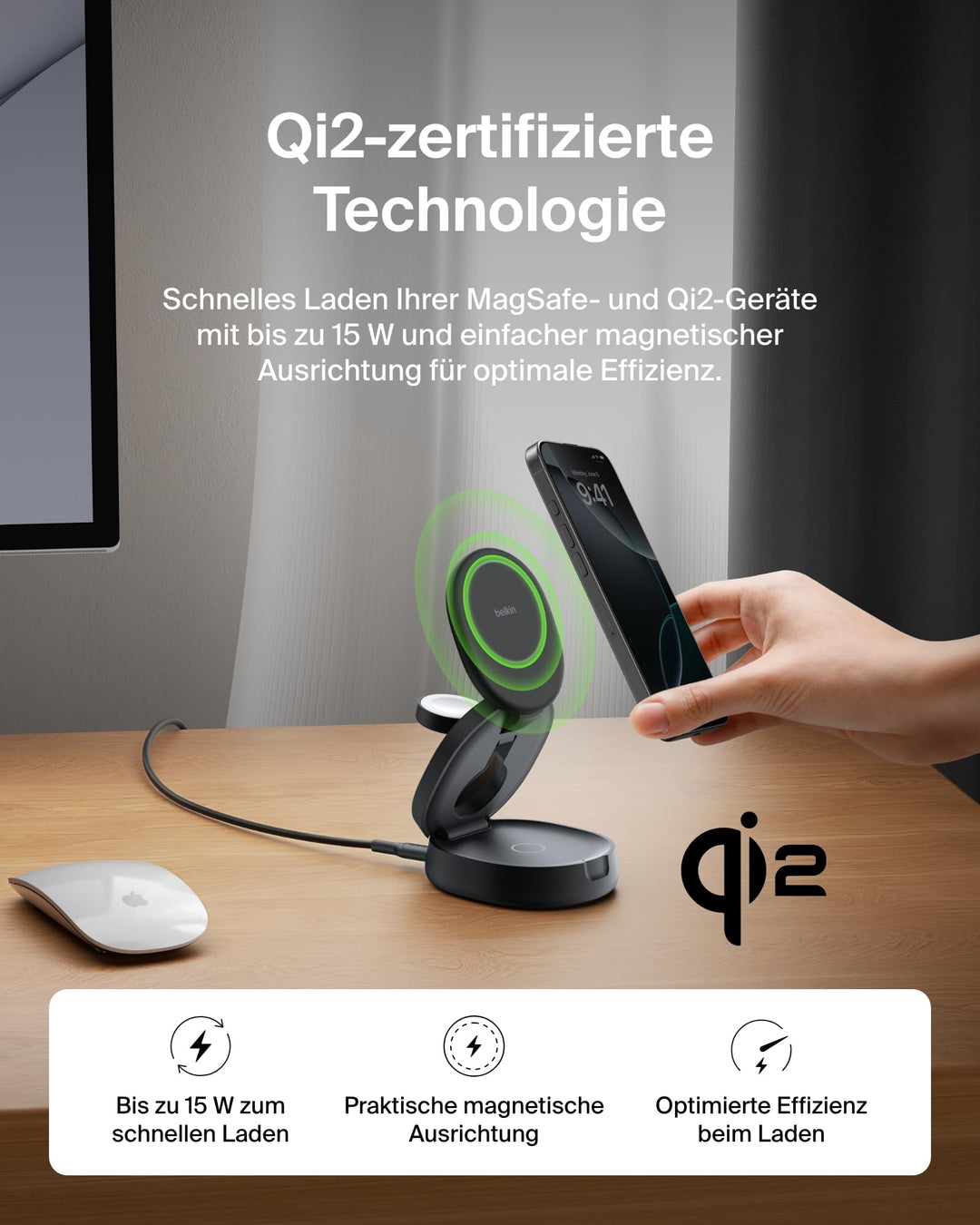 3-in-1 Qi2 Ladestation verstellbar 15W für iPhone Apple Watch AirPods - Bild 4