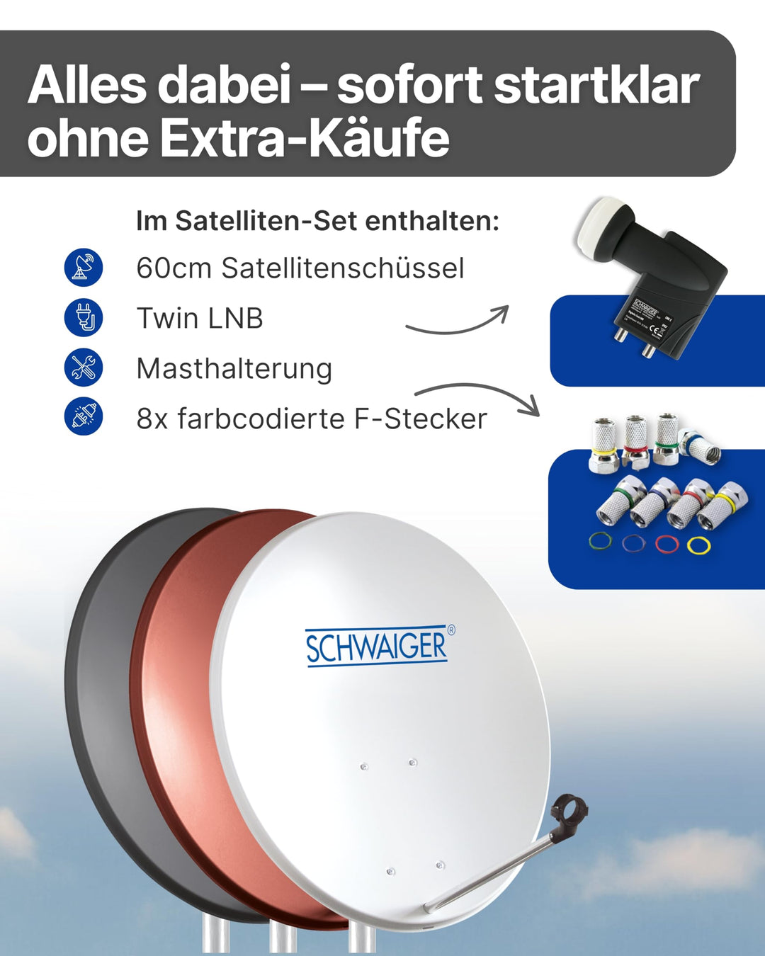 Satellitenschüssel Komplettset Stahl Ø 60 cm anthrazit für 2 Receiver - Bild 3