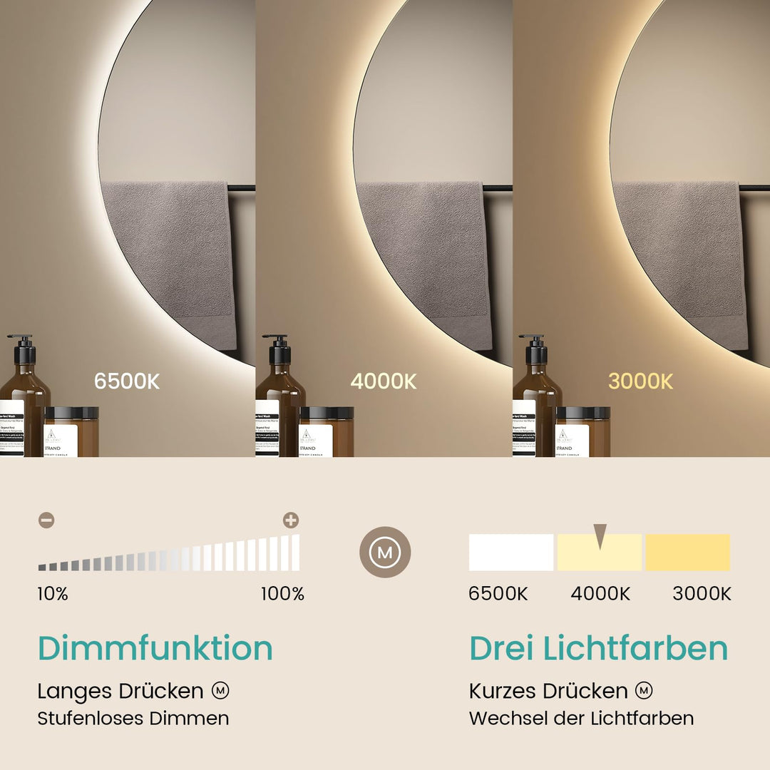Badspiegel Rund mit LED-Beleuchtung dimmbar 80 cm rahmenlos - Bild 2