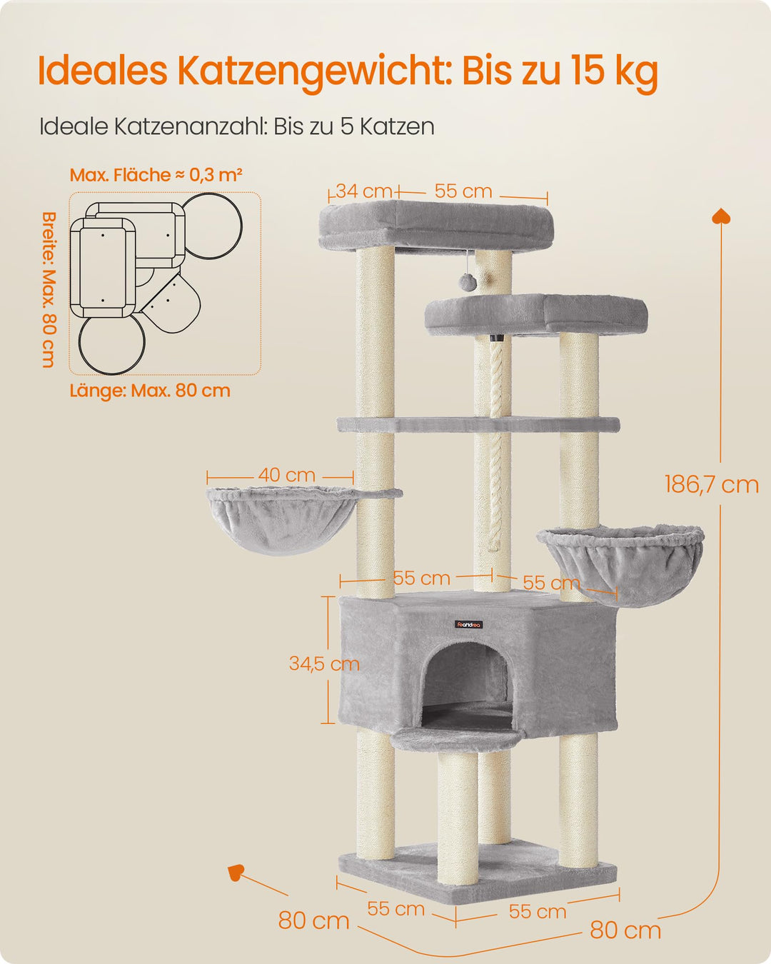 Kratzbaum XXL Sisal 186 cm hoch 5 Ebenen für mehrere Katzen - Bild 5