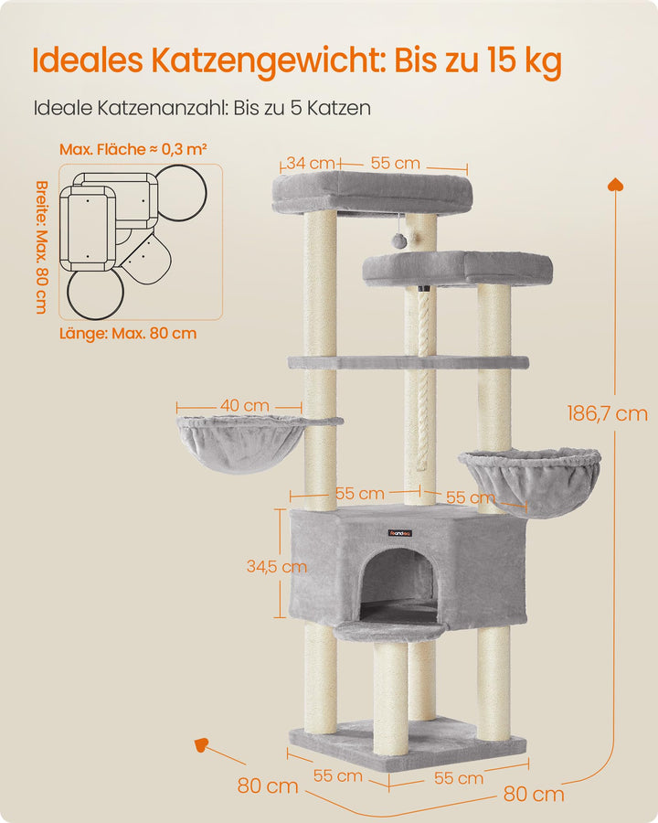 Kratzbaum XXL Sisal 186 cm hoch 5 Ebenen für mehrere Katzen - Bild 5