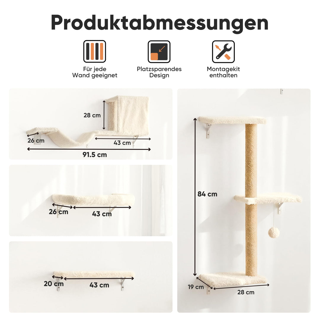 Katzen Kletterwand Set 10-teilig Multiplexholz mit Hängematte beige