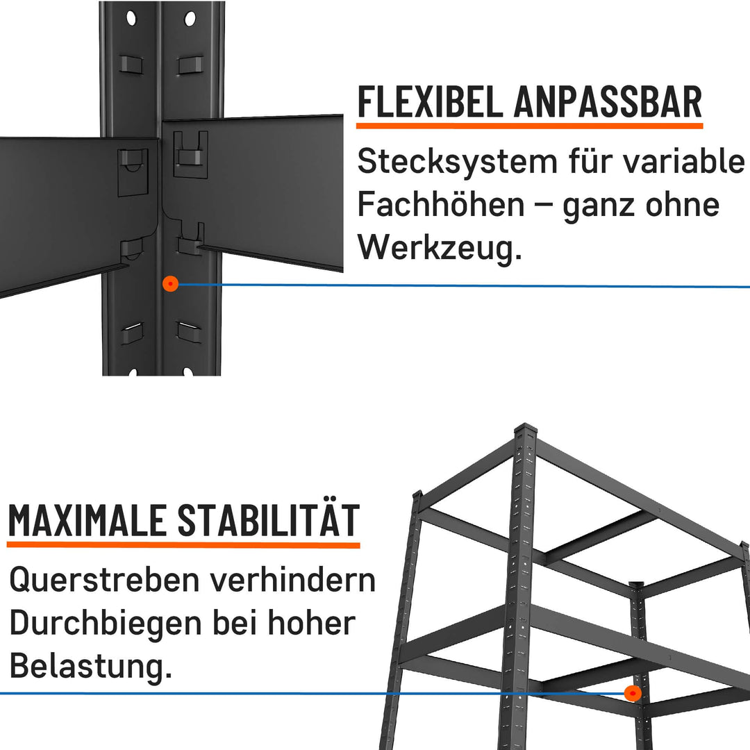 Schwerlastregal Metall 180x60x40 cm 5 MDF-Böden 875 kg Schwarz - Bild 3