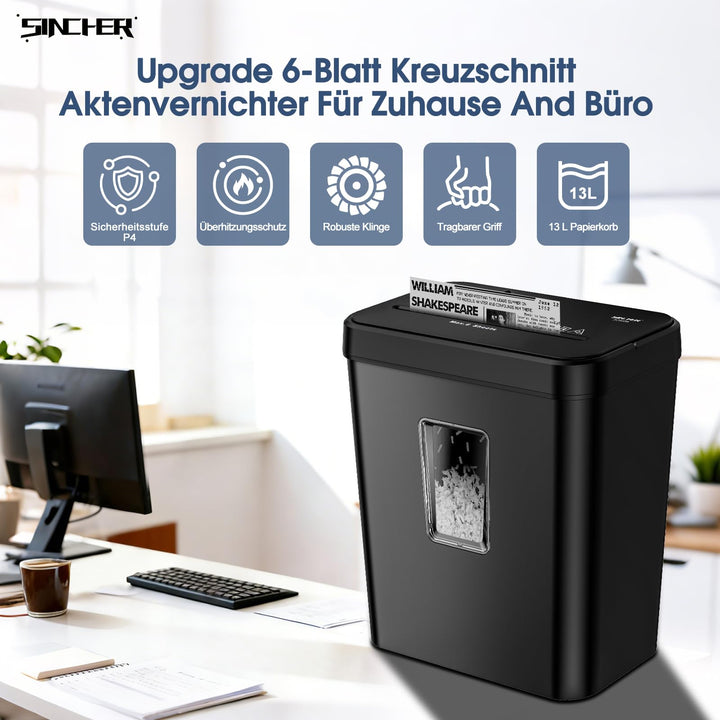 Aktenvernichter Kreuzschnitt P4 6 Blatt 13L Papierkorb Homeoffice - Bild 2