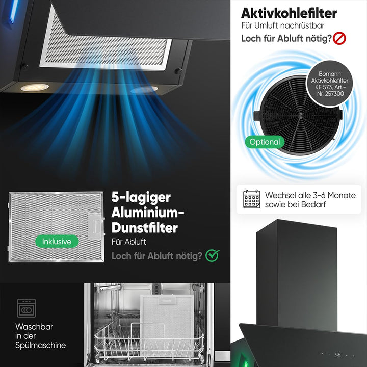 Dunstabzugshaube 60 cm Umluft/Abluft mit RGB-Ambientebeleuchtung schwarz - Bild 5