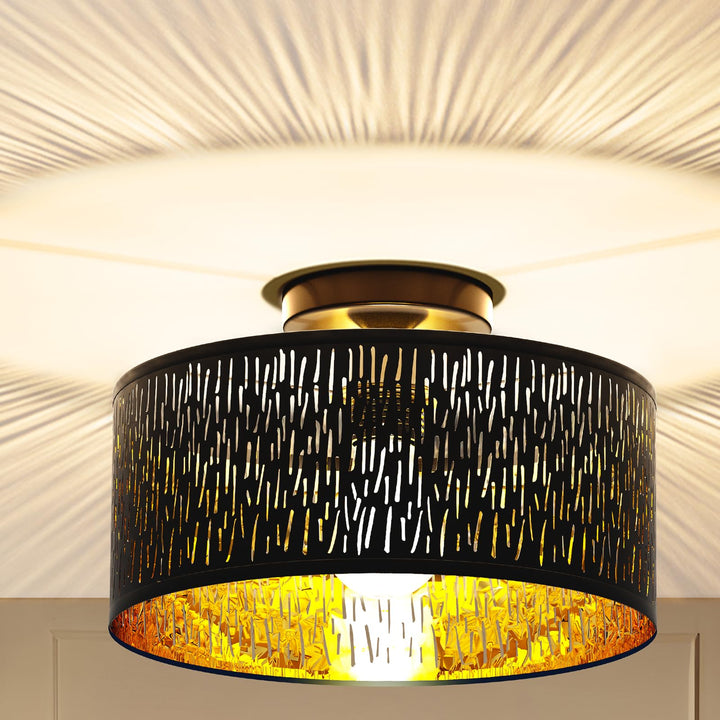 Deckenleuchte Schwarz-Gold Metall Stoff Ø30cm E27 für Wohnzimmer