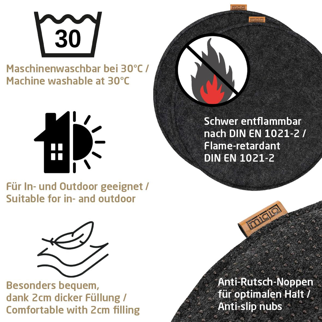 Sitzkissen Rund Filz 35cm 4er-Set Indoor Outdoor rutschfest Dunkelgrau - Bild 6