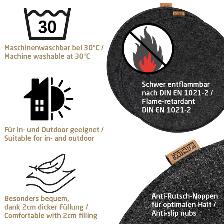 Sitzkissen Rund Filz 35cm 4er-Set Indoor Outdoor rutschfest Dunkelgrau - Bild 6