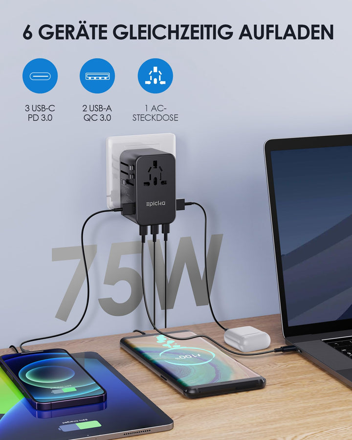 Reiseadapter Worldwide 75W GaN 3x USB-C 2x USB-A Schnellladung - Bild 4