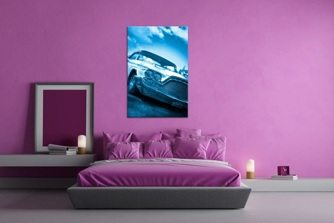 Leinwandbild Oldtimer Auto Monochrom Blau 80x60 cm Echtholzrahmen - Bild 3