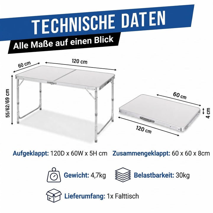 Klapptisch Aluminium 120x60 cm höhenverstellbar 3-fach weiss - Bild 8