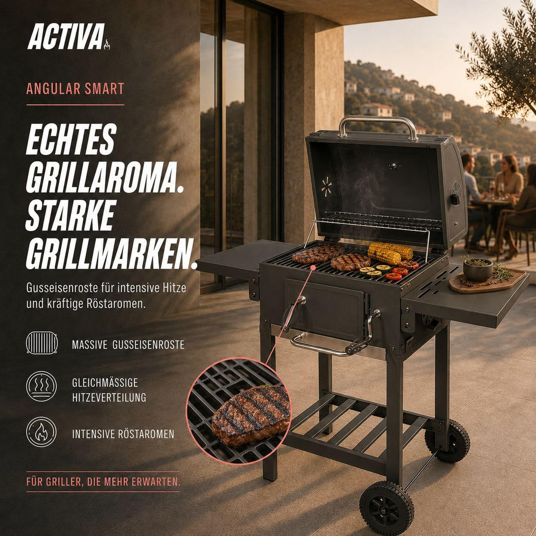 Holzkohlegrill mit Deckel Gusseisen-Rost höhenverstellbar Grillwagen - Bild 6