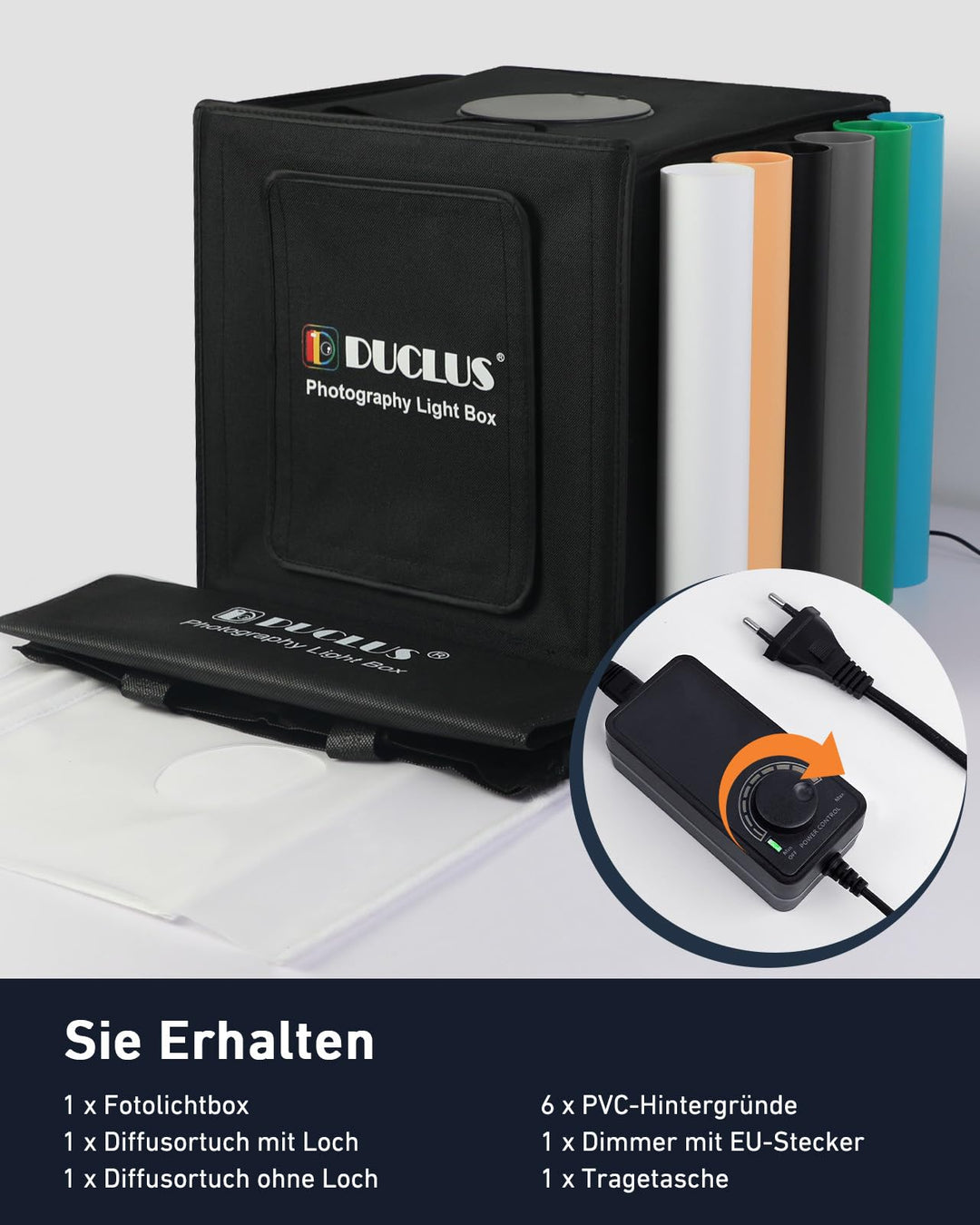Fotobox 50x50 cm mit 216 LEDs dimmbar, 6 Hintergründe, faltbar - Bild 7