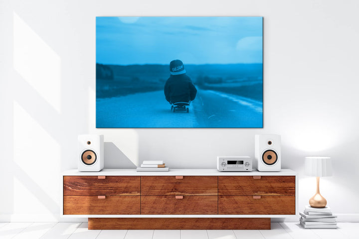 Leinwandbild Skater Sonnenuntergang Monochrom Blau 80x60 cm - Bild 5