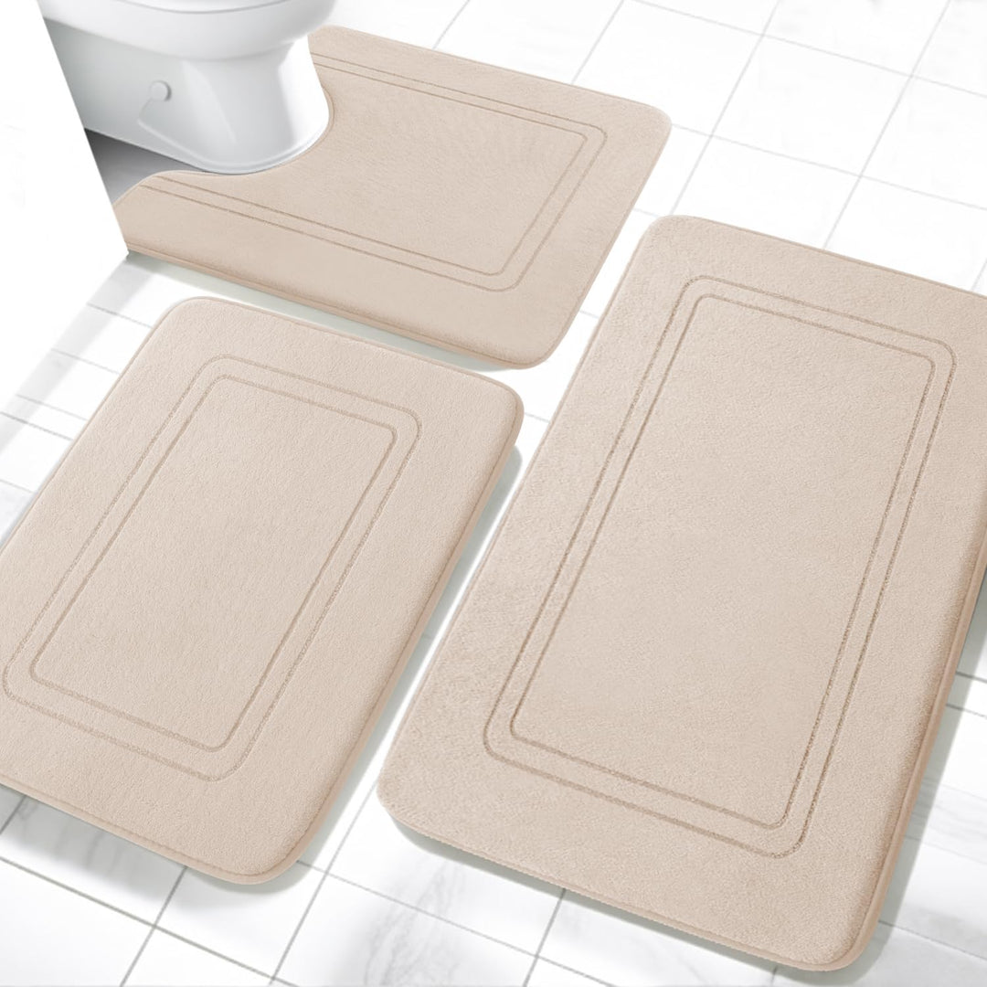 Badezimmerteppich Set 3-teilig Beige Plüsch rutschfest Memory-Schaum
