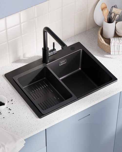 Einbauspüle Granit Schwarz 60x45cm für Küche mit Siebkorb