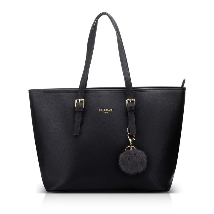 Handtasche Damen Shopper PU-Leder Schwarz mit Haarball 34x29x15 cm