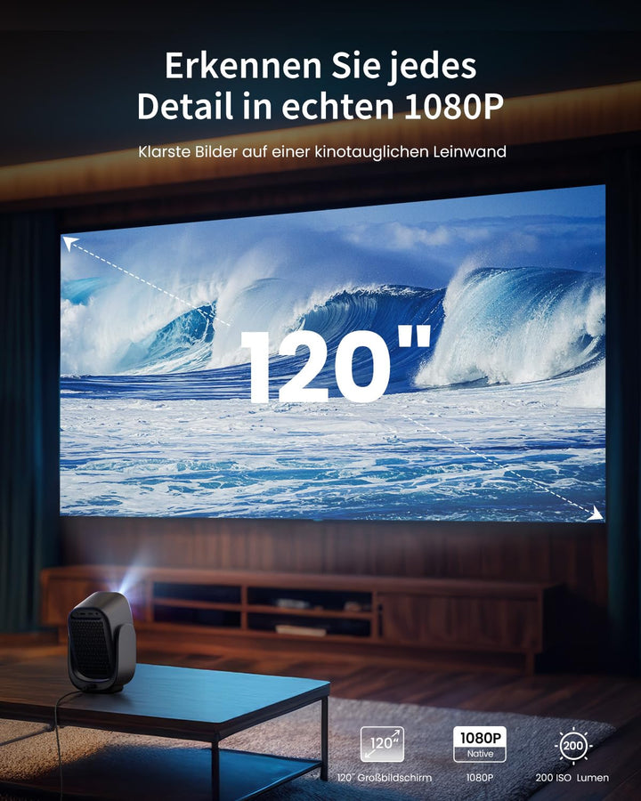 Mini Beamer Full HD 1080P mit Gimbal-Ständer, Netflix, Autofokus - Bild 6
