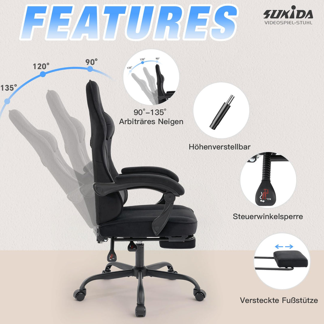 Gaming Stuhl Stoff ergonomisch mit Fussstütze und Lordosenstütze - Bild 5