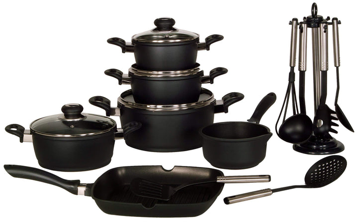 Aluguss Topfset Schwarz 17-teilig mit Grillpfanne &amp; Küchenhelfer