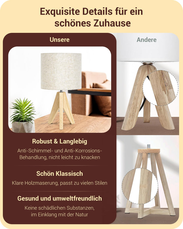 Tischlampe Holz 2er Set Leinen-Lampenschirm Beige 36cm E27 - Bild 2