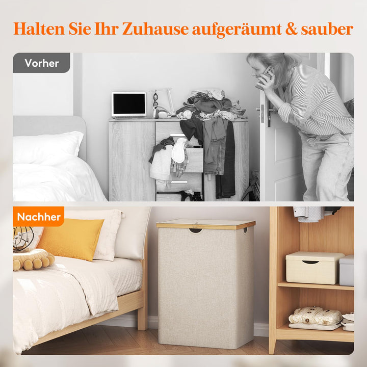 Wäschekorb Bambus 160L mit 2 Fächern und Deckel, Beige - Bild 9