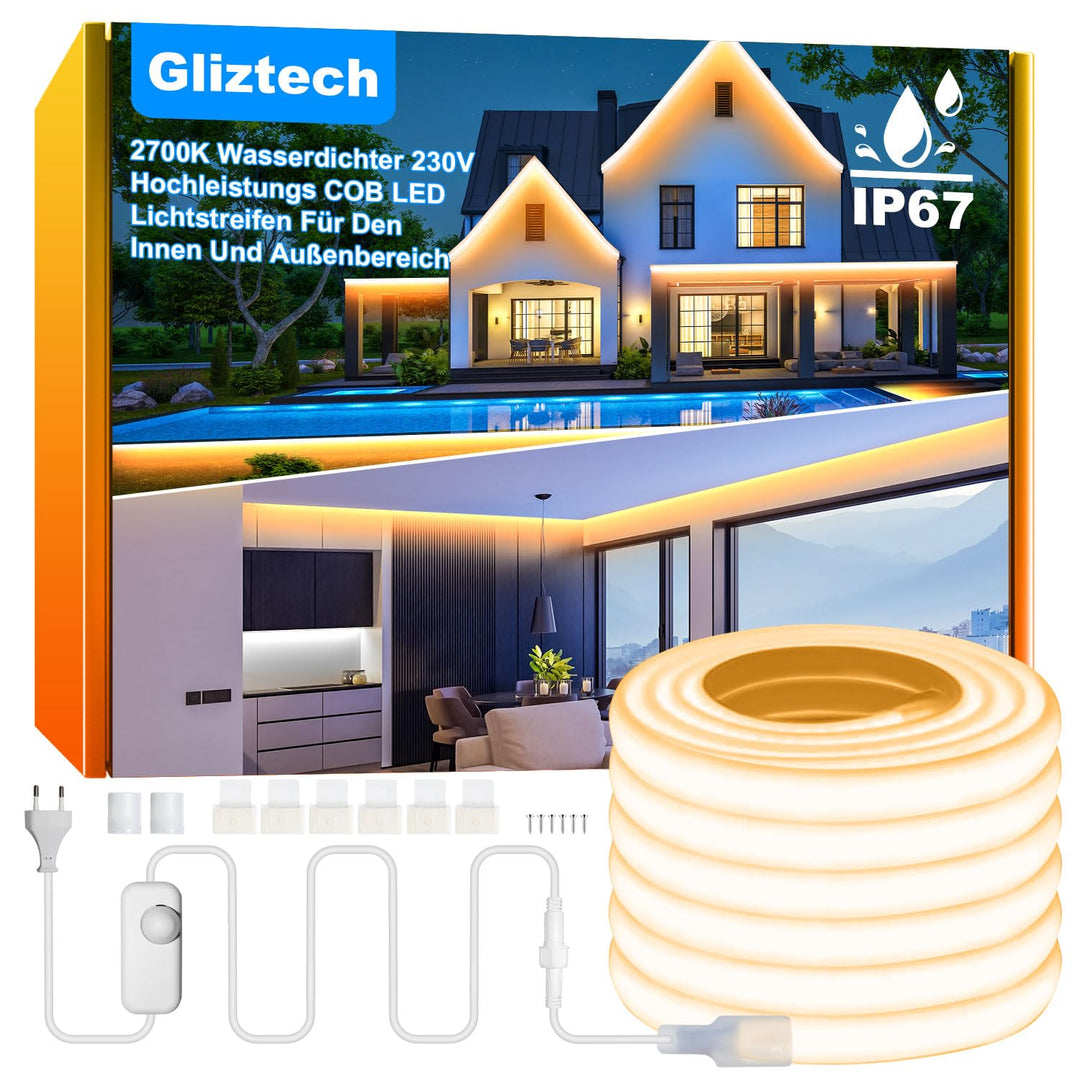 COB LED Streifen Aussen IP67 Warmweiss 2700K 230V 20m Selbstklebend