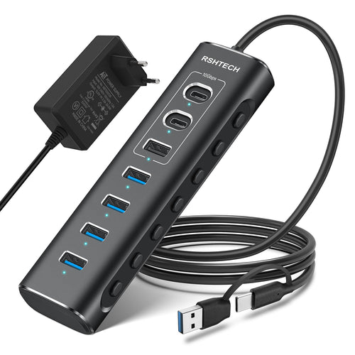 USB-Hub 7-Port mit Netzteil, Einzelschalter, 10 Gbps, Aluminium