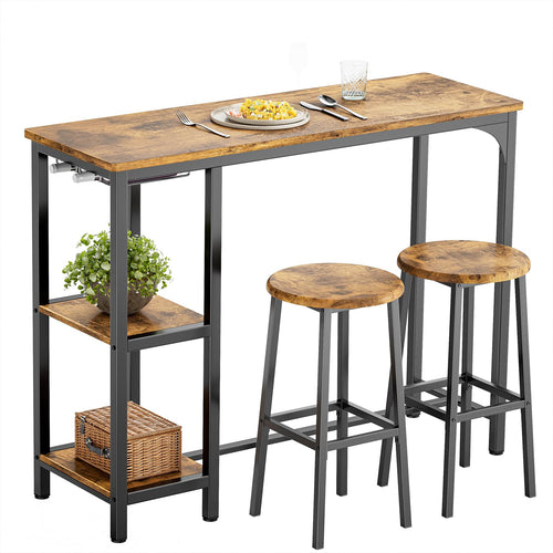 Bartisch-Set mit 2 Barhockern Massivholz Retro-Look mit Glashalter